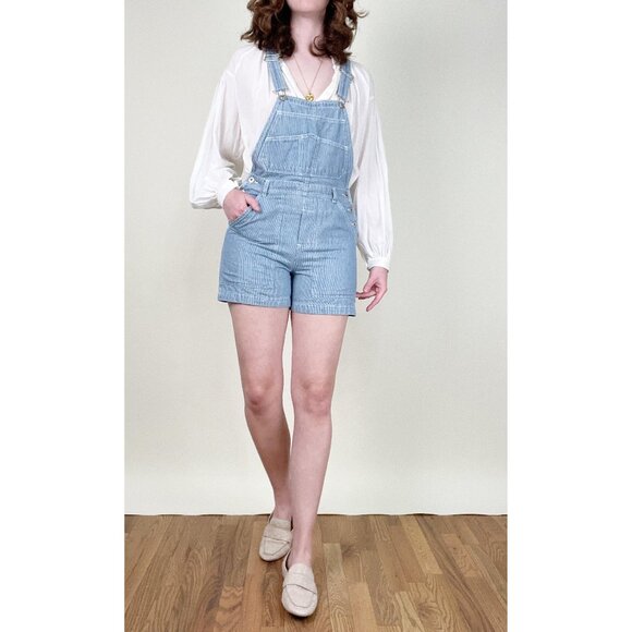 Vintage Overalls Shorts Denim Jean Dungaree Romper Railroad Stripe Artsy 80s 90s - Picture 1 of 9